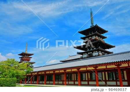 【奈良県】晴天下の薬師寺（東塔と西塔） 98469037