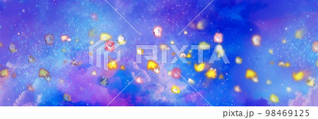 神秘的な宇宙空間をふわふわ舞う黄色い蝶々達の幻想的な背景ワイドサイズイラスト 98469125