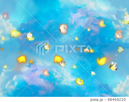 神秘的な宇宙空間をふわふわ舞う黄色い蝶々達の幻想的な背景イラスト 神秘的な宇宙空間をふわふわ舞う黄色い蝶々達の幻想的な背景イラスト 98469220
