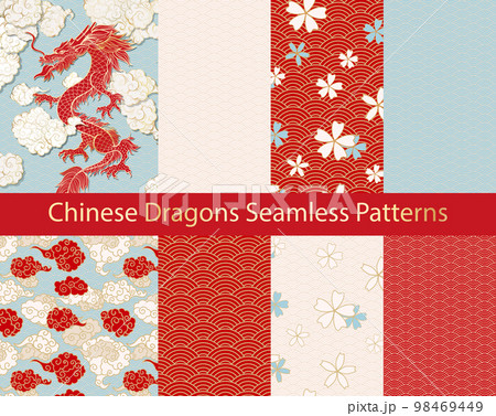 Red Gold Chinese Seamless Patterns Collection with Dragon and Asian Arches Motif Red Gold Chinese Seamless Patterns Collection with Dragon and Asian Arches Motif 98469449
