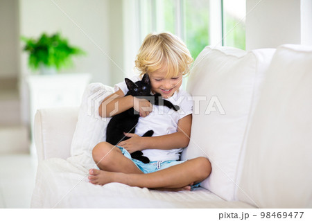 Child playing with baby cat. Kid and kitten. 98469477