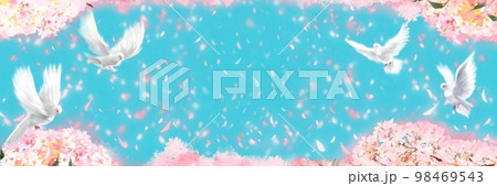 春爛漫、桜満開桜ふぶきと平和の象徴白い鳩達のワイドサイズ背景イラスト 98469543