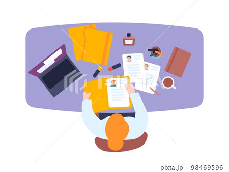 Woman choosing best vacancy candidate for job. Hiring manager working with resume. Female at table top view. Company searching workers for hire. Employee recruitment. Vector concept 98469596