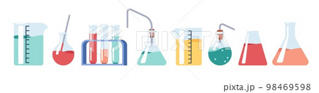 Transparent glassware with chemical reagents. Laboratory test tubes. Medical scientific research. Experiment equipment. Lab measuring beaker. Bottle with dropper. Vector glass flasks set 98469598