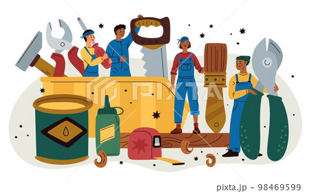 Tiny mechanics. Happy workers team with professional repair tools. Pliers and saw. Wire cutters and fleitz. Workman toolbox. Builders in overalls. Carpentry work. Garish vector concept Tiny mechanics. Happy workers team with professional repair tools. Pliers and saw. Wire cutters and fleitz. Workman toolbox. Builders in overalls. Carpentry work. Garish vector concept 98469599