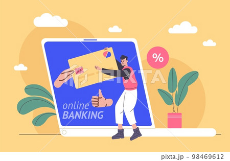 People pay bills mobile banking app. Man uses online bank account. Remotely payments for purchases. Laptop and guy with credit card. Financial transfer. Internet shopping. Vector concept People pay bills mobile banking app. Man uses online bank account. Remotely payments for purchases. Laptop and guy with credit card. Financial transfer. Internet shopping. Vector concept 98469612