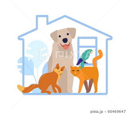 Hotel for domestic animals. Pet shelter. Vet service. Home with dog or cats. Parrot bird. Help to puppy. Care of kittens. Veterinary center. Building house. Kitty adoption. Vector concept 98469647