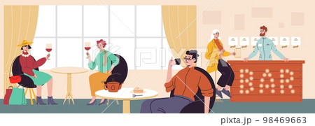 Cafe interior with happy visitors. People sitting at tables in restaurant. Woman orders beer. Business lunch time. Friend with wine glasses. Man drinks tea. Vector cafeteria concept Cafe interior with happy visitors. People sitting at tables in restaurant. Woman orders beer. Business lunch time. Friend with wine glasses. Man drinks tea. Vector cafeteria concept 98469663