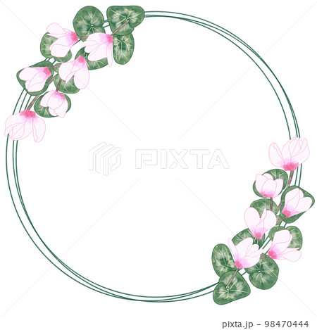 ピンクのシクラメンのかわいい水彩イラスト 丸いフレーム素材の