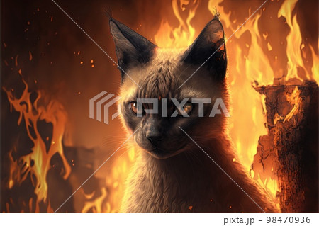 cat at the inferno hell in flames illustration generative ai 98470936