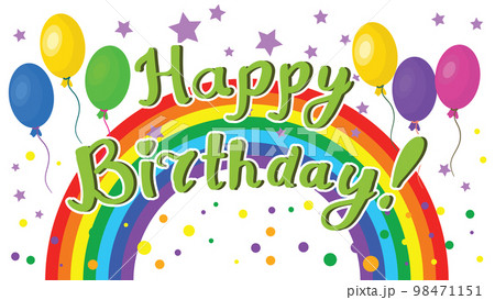 Cute Happy Birthday greeting card with lettering, balloons and rainbow isolated on white background. 98471151