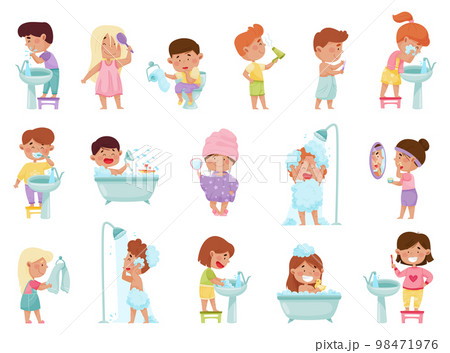 Little Kids Taking Bath and Washing Body Big Vector Set 98471976