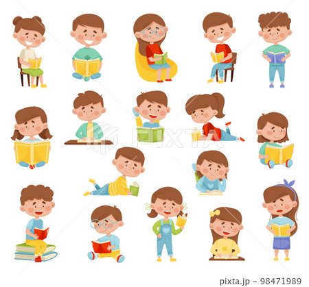 Kids Reading Books and Enjoying Literature Big Vector Set Kids Reading Books and Enjoying Literature Big Vector Set 98471989