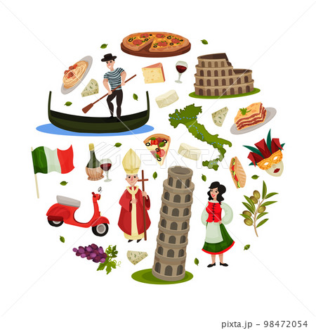 Travel to Italy Round Composition Design with Traditional Symbols Vector Template 98472054