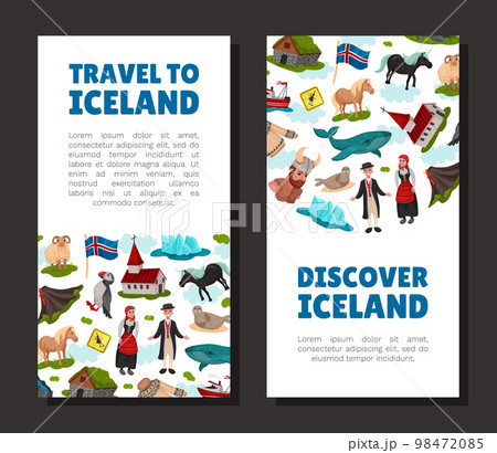 Iceland Travel Banner Design with Country Symbols Vector Template Iceland Travel Banner Design with Country Symbols Vector Template 98472085