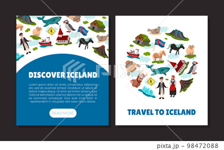 Iceland Travel Banner Design with Country Symbols Vector Template 98472088