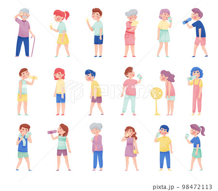 People Characters Sweating and Drinking Pure Still Water from Glass and Bottle Big Vector Set 98472113