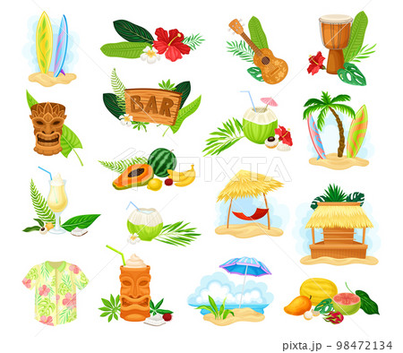 Hawaiian Symbols and Beach and Summer Rest Attribute Big Vector Set Hawaiian Symbols and Beach and Summer Rest Attribute Big Vector Set 98472134