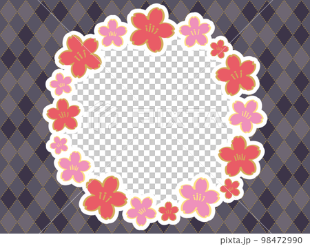 手描き風サクラの丸フレームとドットライン入りダイヤ柄背景のイラスト（黒） 98472990