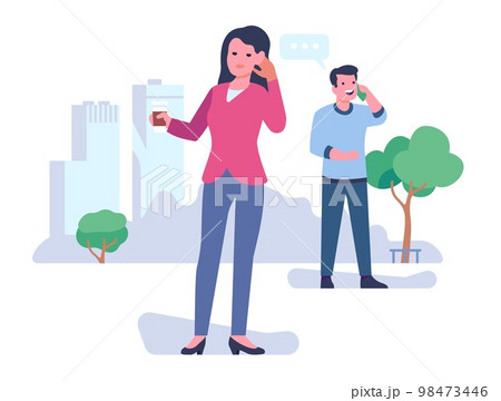 Curious woman listens with hand to ear. Eavesdropping on man phone conversation. Female interesting in male private talk. Secrets or gossips eavesdrop. Hearing concentration. Vector concept 98473446