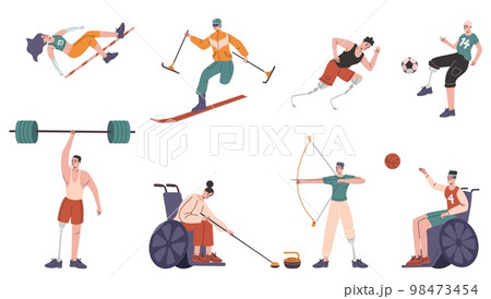 Cartoon paralympic athletes. Disabled people in professional sport. Absence of limbs and special prostheses. Runners and skiers. Persons in wheelchairs. Vector handicapped sportsmen set 98473454