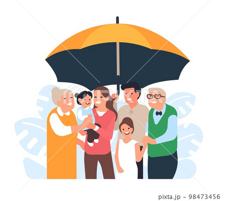 Caring for family. Parents with children under umbrella. Happy grandparents and kids. Mother and father hugging babies. Relatives protection. People standing together. Vector concept Caring for family. Parents with children under umbrella. Happy grandparents and kids. Mother and father hugging babies. Relatives protection. People standing together. Vector concept 98473456