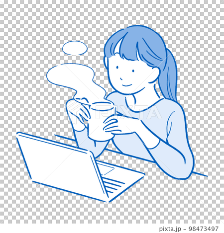 A woman looking at a computer while relaxing Simple line drawing Blue ver. 98473497