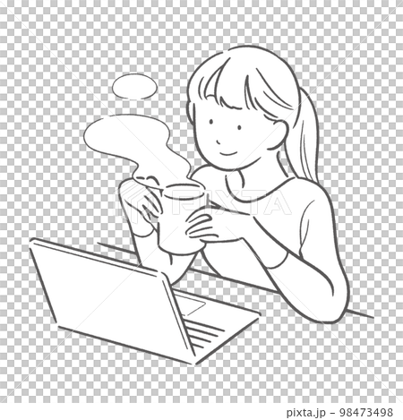 一邊看電腦一邊放鬆的女人 簡單的線條畫 ver. 98473498