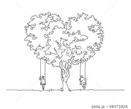 couple sitting on swing under heart shape tree romance scene one line drawing 98473826