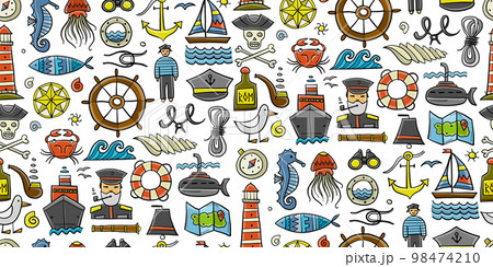 Nautical icons of navigator, ship and captain, lighthouse and sailor. Seamless pattern background for your design 98474210