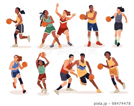 Female basketball players. Cartoon athletes in uniforms, men and women lead ball, defend and attack, game techniques and poses, people playing sport game, tidy cartoon flat vector set 98474478