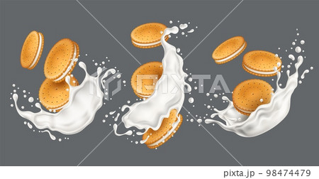 Cookies and milk splashes. Realistic biscuits with cream layer, sandwiches type, sweet pastries, 3d isolated crackers, bakery products composition, sugar snack advertising, utter vector set 98474479