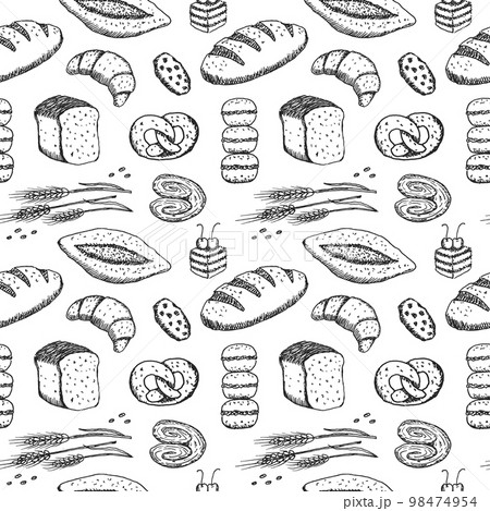 Hand drawn seamless pattern of bread and bakery products. Baked goods background. Hand drawn seamless pattern of bread and bakery products. Baked goods background. 98474954