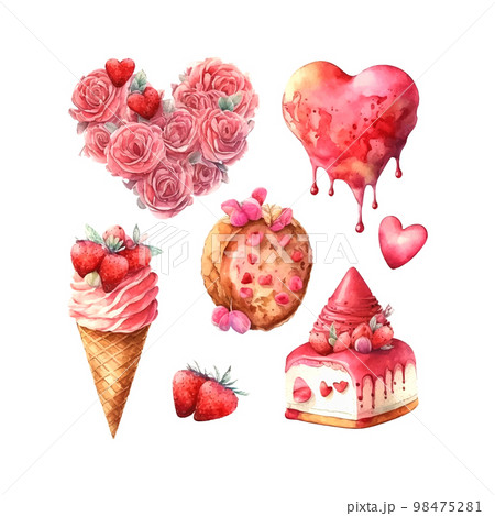 Vector cute objects and elements for Valentine's Day cards: flowers, heart, sweets, cake, key, candy, rose, lollipop, ice cream cart Vector cute objects and elements for Valentine's Day cards: flowers, heart, sweets, cake, key, candy, rose, lollipop, ice cream cart 98475281