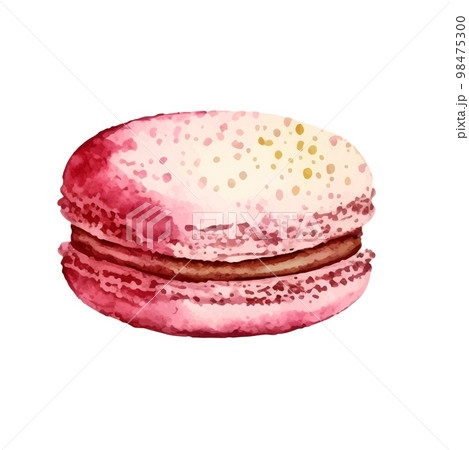 Watercolor image of blue macaroon decorated with bright pink daisy flowers isolated on white background. Hand drawn illustration of popular crunchy dessert for cafe decoration 98475300