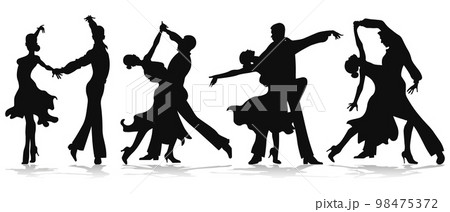 Set of dancing couples, silhouettes. Man and woman dancing tango or waltz. White and black design. Illustration, vector Set of dancing couples, silhouettes. Man and woman dancing tango or waltz. White and black design. Illustration, vector 98475372