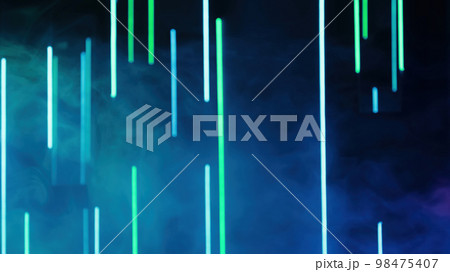Neon background. Blur light. Color smoke. Laser illumination. Defocused green blue lines glow mist cloud on dark abstract free space. 98475407