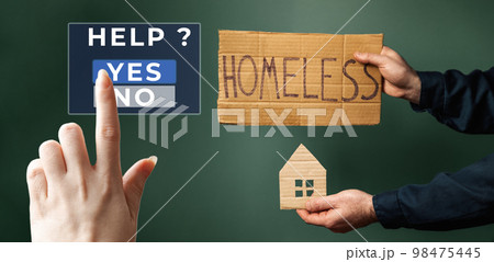 Female hand push a virtual button to the help. A man hold a cardboard house and sign with the inscription HOMELESS. Dark greeny background. Banner of concept of helping vagabonds Female hand push a virtual button to the help. A man hold a cardboard house and sign with the inscription HOMELESS. Dark greeny background. Banner of concept of helping vagabonds 98475445