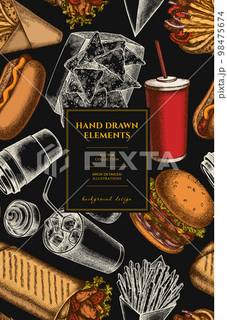 Street food pattern card design. Hand drawn sauces, nachos, soda, gyros, burger, taco, shawarma, french fries, hot dog, paper cup. 98475674