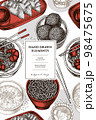 Asian food pattern card design. Hand drawn jiaozi, jian dui, egg tart, noodles with shrimp, egg soup, noodles bowl. 98475675