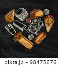Street food heart vintage design. Hand drawn sauces, nachos, soda, gyros, burger, taco, shawarma, french fries, hot dog, paper cup. 98475676