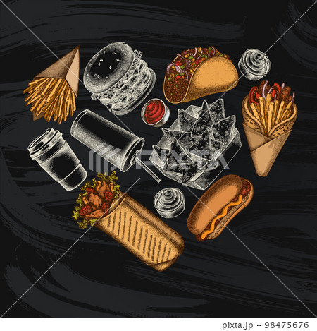 Street food heart vintage design. Hand drawn sauces, nachos, soda, gyros, burger, taco, shawarma, french fries, hot dog, paper cup. 98475676