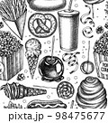 Carnival food seamless pattern background design. Engraved style. Hand drawn french fries, pretzel, popcorn, lemonade, hot dog, caramel apple, cotton candy, ice cream cones, lollipop, ribbons. 98475677