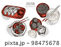 Asian food vintage illustrations collection. Hand drawn logo designs with jiaozi, jian dui, egg tart, noodles with shrimp, egg soup, noodles bowl. 98475678