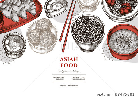 Asian food hand drawn illustration design. Background with vintage jiaozi, jian dui, egg tart, noodles with shrimp, egg soup, noodles bowl. 98475681