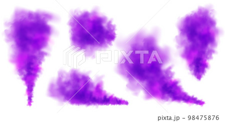 Violet colorful smoke clouds isolated on white background, realistic mist effect, fog. Vapor in the air, steam flow. Vector illustration Violet colorful smoke clouds isolated on white background, realistic mist effect, fog. Vapor in the air, steam flow. Vector illustration 98475876