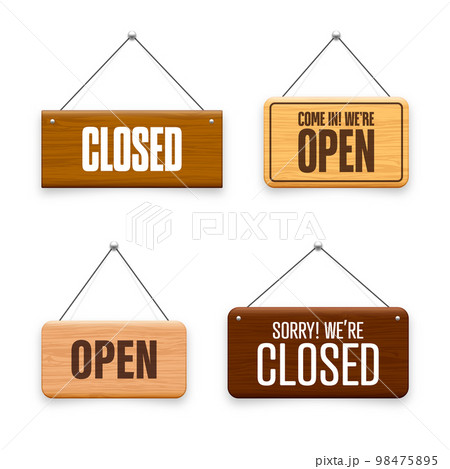 Wooden open or closed hanging signboards. Made of wood door sign for cafe, restaurant, bar or retail store. Announcement banner, information signage for business or service. Vector illustration 98475895