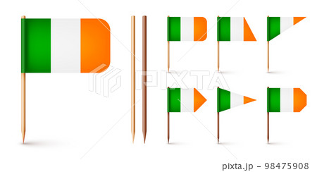 Realistic various Irish toothpick flags. Souvenir from Ireland. Wooden toothpicks with paper flag. Location mark, map pointer. Blank mockup for advertising and promotions. Vector illustration Realistic various Irish toothpick flags. Souvenir from Ireland. Wooden toothpicks with paper flag. Location mark, map pointer. Blank mockup for advertising and promotions. Vector illustration 98475908