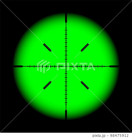Weapon night sight, sniper rifle optical scope. Hunting gun viewfinder with crosshair. Aim, shooting mark symbol. Military target sign, silhouette. Game interface UI element. Vector illustration 98475912