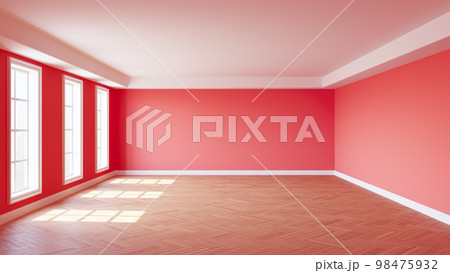 Empty Sunny Interior with Red Walls, Three Large Windows, White Ceiling Cornice, Glossy Herringbone Parquet Floor and a White Plinth. 3D illustration with a Work Path on the Windows, 8K Ultra HD 98475932